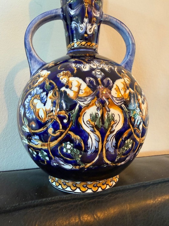 Vintage Gien France vaas met oren – Renaissance Fond Bleu (jaren '60) – Tafelaccessoires, Ceramic (photo 5 of 6)