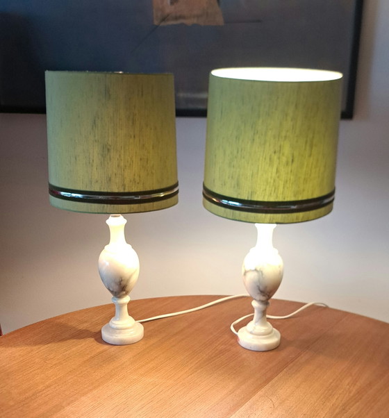 Image 1 of Pair of Italian Marble Table Lamps with Olive Green Silk Shades – Vintage 1970s