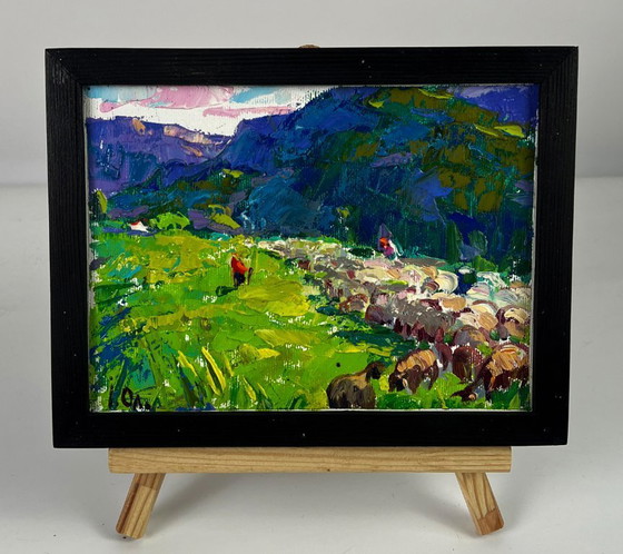 Image 1 of Peinture à l'huile originale représentant un paysage naturel de prairies au pied des montagnes