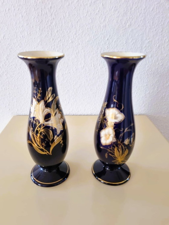 Image 1 of Vasi in porcellana di Limburgo (2x) – blu cobalto con fiori dorati – vintage, realizzati in Germania