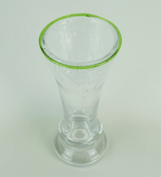 Image 1 of Glasvase aus den 1970er Jahren von Eisch, dickes Klarglas und Blasenglas, grüner Rand