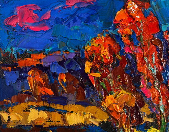 Image 1 of Original Oil Painting Autumn Night Landscape Melody of the wind and whispers
