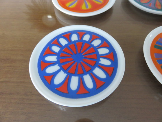 Image 1 of Serie van 6 keramische onderzetters, Pop, Vintage jaren 70, "Waechtersbach Western Germany".