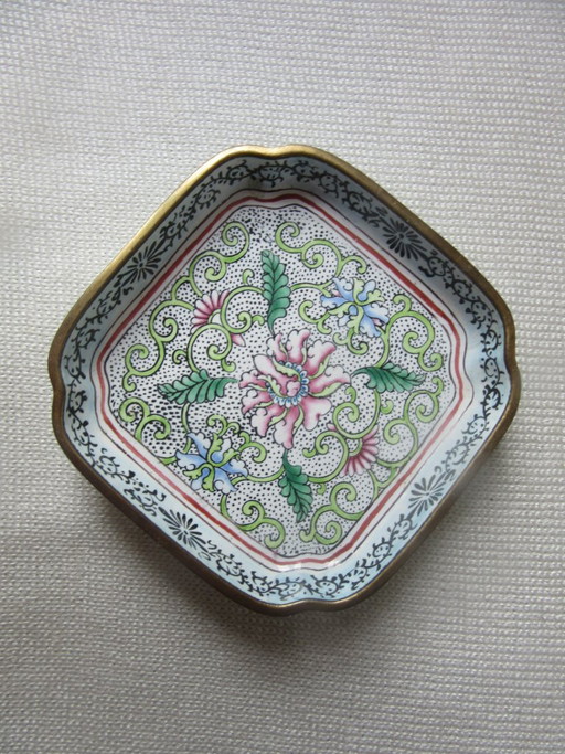 Vassoio per spille Smalto Canton Cinese su rame, design floreale, vintage antico