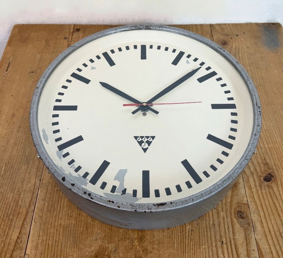 Image 1 of Industrial Grey Factory Wall Clock from Pragotron, 1960s