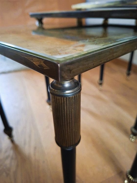 Image 1 of Vintage Maison Jansen style table nest in bronze and Verre Églomisé
