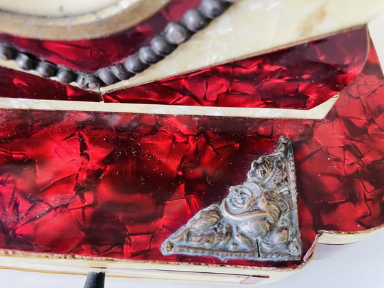 Image 1 of German Art Deco wood mother of pearl silver clock blue opaline glass lamp set with drawers, 1930s