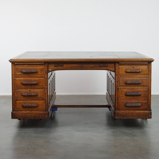 Large Antique Desk/Partner Desk in English Style with Black Leather Top