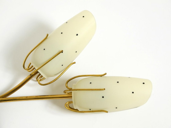 Image 1 of Wunderschöne, extrem seltene Messingwandlampe aus der Mitte des 20. Jahrhunderts mit bemalten Glasschirmen
