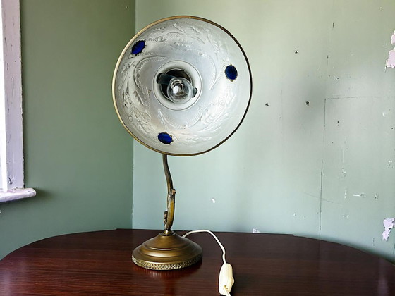 Image 1 of Art Deco Vintage Ornate Brass Table Lamp with Blue Glass Inserts, 1930s