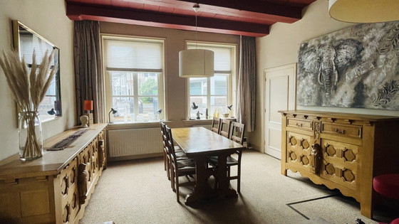 Brutalist Set, Solid Oak Sideboard, Cabinet, Dining Table, 6 Chairs, Hand Carved Priest Mission Style (photo 12 of 15)