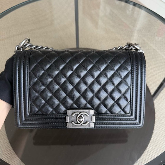 Image 1 of Chanel Boy Medium - Caivar 25CM Quilted Black Ruthenium Silver Hardware