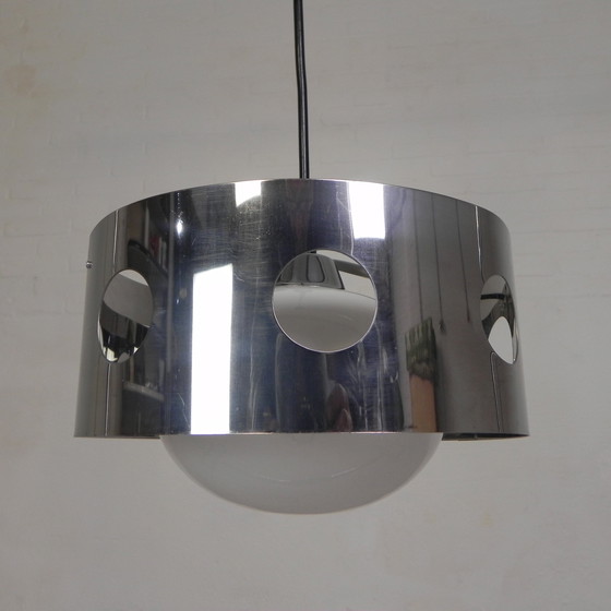 Image 1 of Vintage Hanglamp Met Chromen Cilinder En Glazen Bol