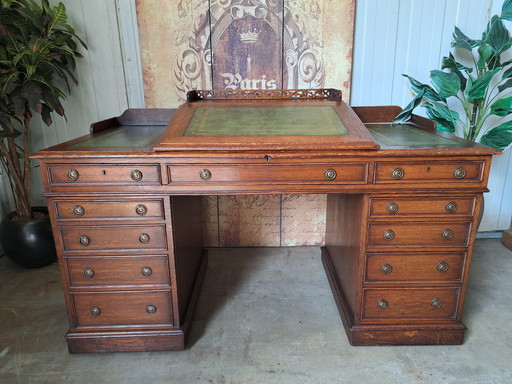 Classic antique writing table, desk, desk with leather inlay