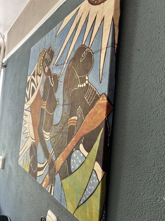 Image 1 of Ingelijst West-Afrikaans batikschilderij uit Gambia (73x73 cm)