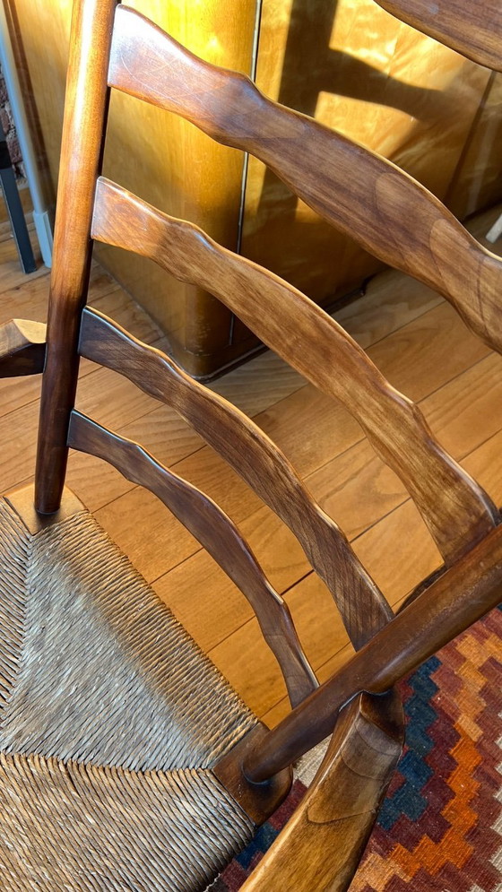 Image 1 of De Ster Gelderland landelijke brutalist midcentury kersenhouten stoel met rieten zitting