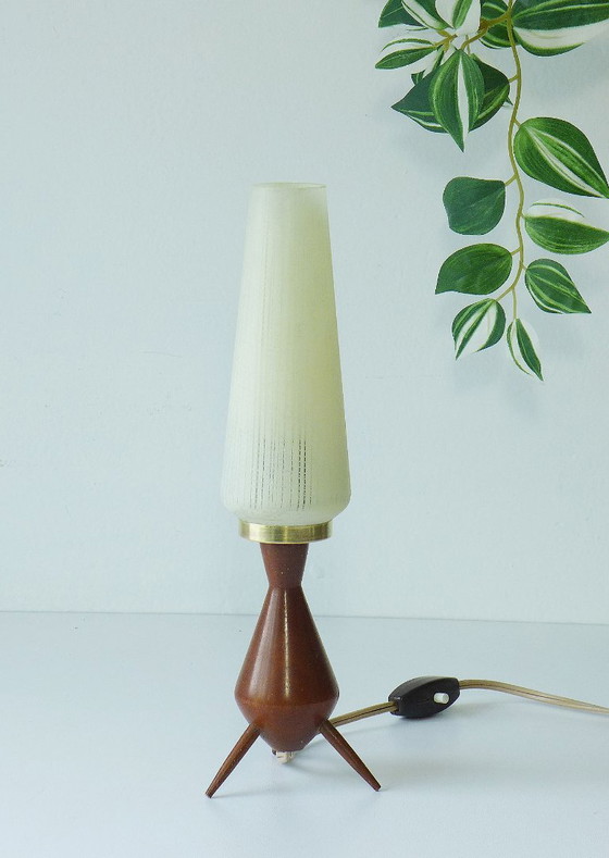 Vintage Tripod Table Lamp Danish Design Teak Rocket Lamp 60s 70s – Glass, Wood (photo 5 of 6)