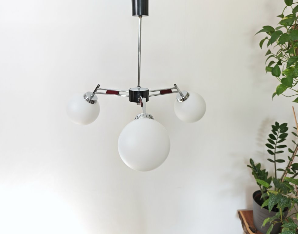 Vintage Chandelier With Opal Glass Globes / Mid Century Modern 3-Arm Pendant Light / Chrome Retro Ceiling Lamp 1960s