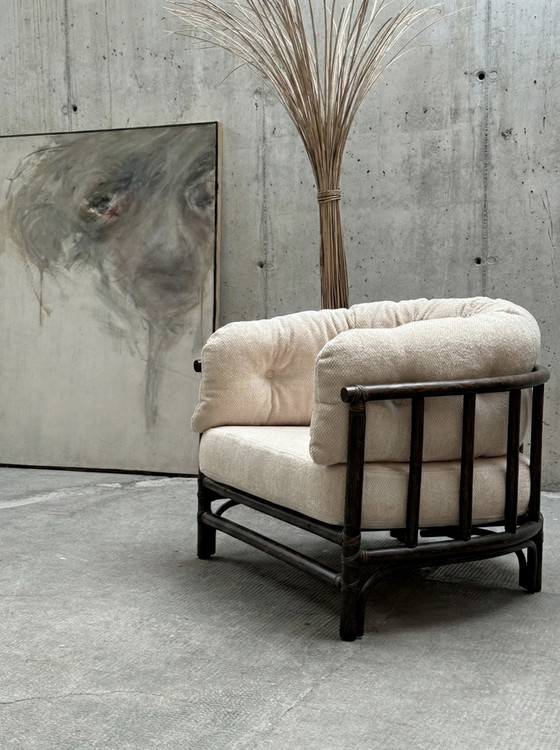 Image 1 of POLTRONA E DIVANO A 2 POSTI IN VELLUTO DI BAMBÙ CREMA, ITALIA ANNI '70