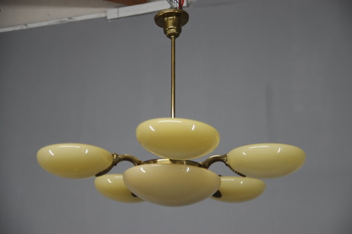 Lustre Art Nouveau à six lumières en laiton de Jenčík, Tchécoslovaquie, années 1920, étiquette