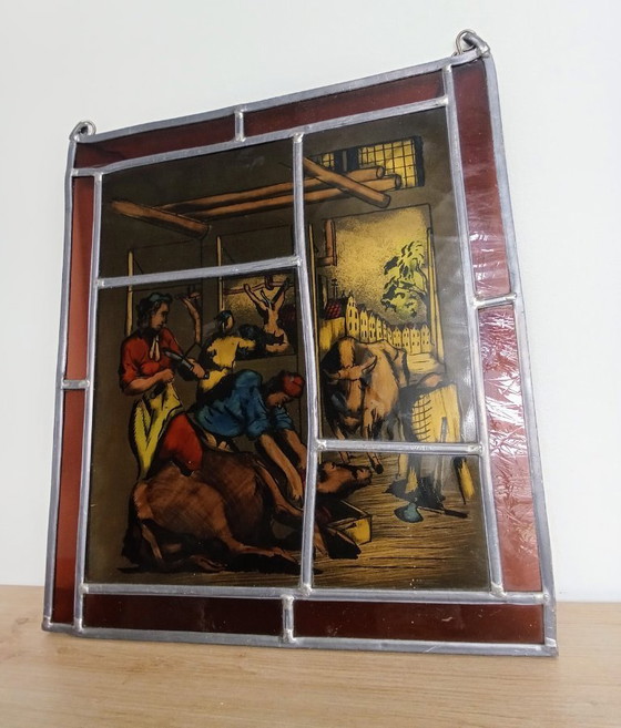Image 1 of Antiek Glas in Lood Slagers Slachthuis Koeien