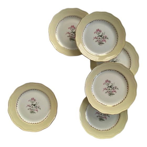 6 Piatti Piani Vintage L'Amandinoise Modello Brigitte in Maiolica Antica Colore Crema e Doratura con Fiori (photo 9 of 9)