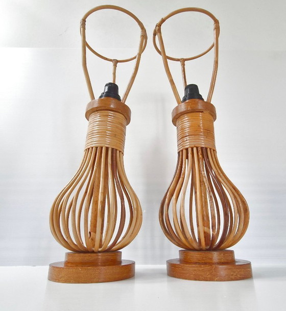 Image 1 of PAIR OF VINTAGE 1960S TABLE LAMPS IN RATTAN & BEECH 60S 1960S 1960s