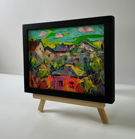 Originales Ölgemälde: Sommerlandschaft mit Dorfhäusern – schilderijen tekeningen, Canvas (photo 2 of 8)
