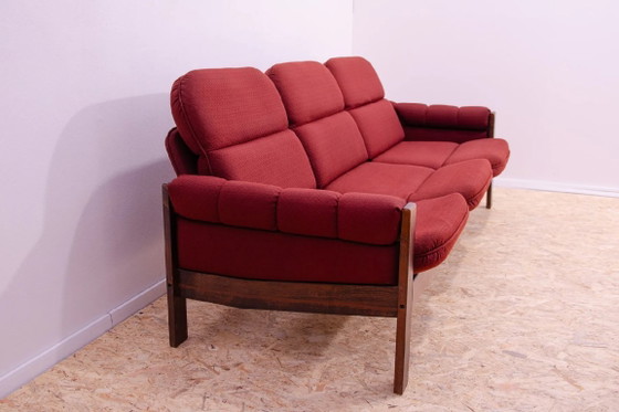 Vintage Scandinavian Style Three-Seater Lounge Sofa, Mid-Century Modern Seating, 1970s, Textile, Wood, Brown (photo 4 of 8)