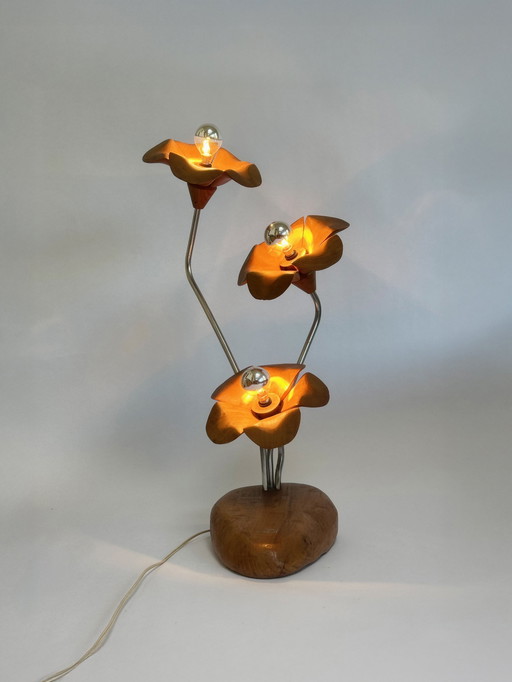 Teak and Chrome Flower Lamp, France, 1970s