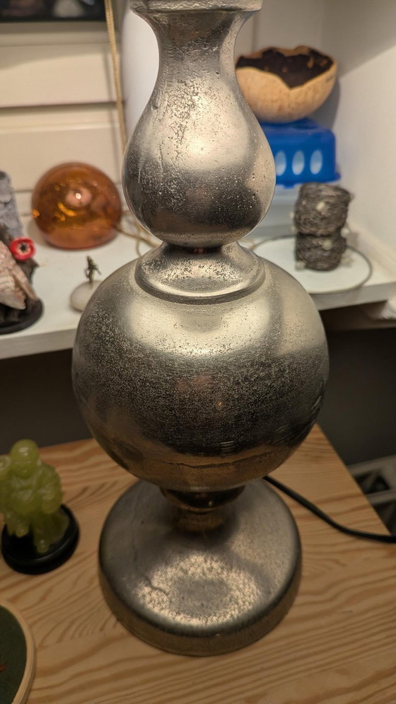 Vintage large silver baluster table lamp with slate blue shade, Textile, Metal, Grey, Classicisme (photo 6 of 6)