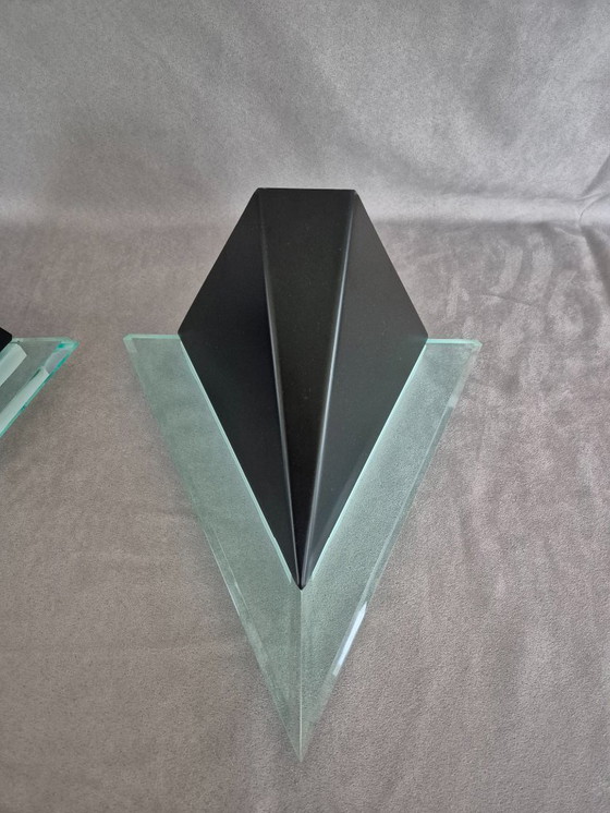 Image 1 of Postmodern Lucite Wall Lamps (80s/90s) — Sculptural Geometric Design, Ambient Uplight & Turquoise Glow, E27, Set of 2