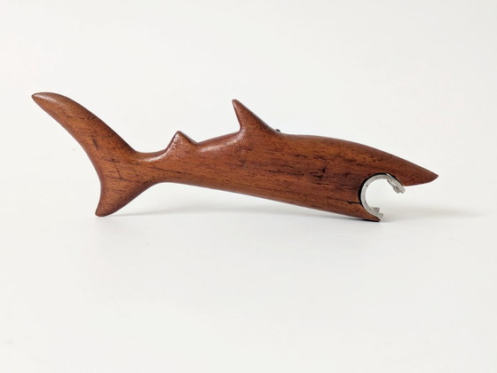 Image 1 of Midcentury Danish Teak Shark Bottle Opener, 1960s Sculptural Barware, Home Bar Gift