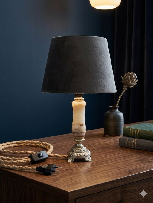 Small bronze and onyx lamp in excellent condition, rewired with braided linen cable