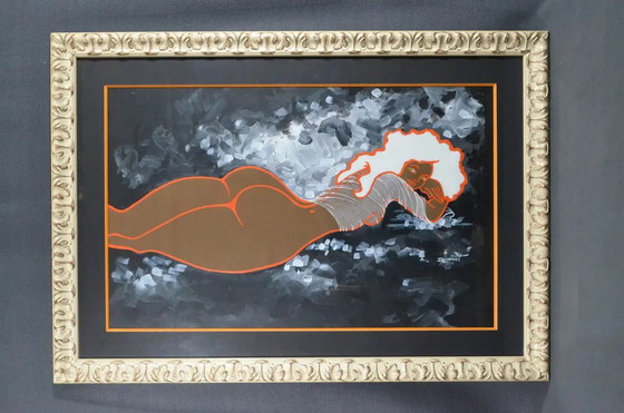 Marc Dumont “Nu Orange” Frans Modernistisch Vrouwelijk Naakt Acrylschilderij – Schilderijen & Tekeningen (photo 2 of 12)