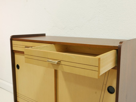 Image 1 of Vintage 1960s shoe cabinet, mid-century shoe chest, mahogany & birch, sliding doors, Germany