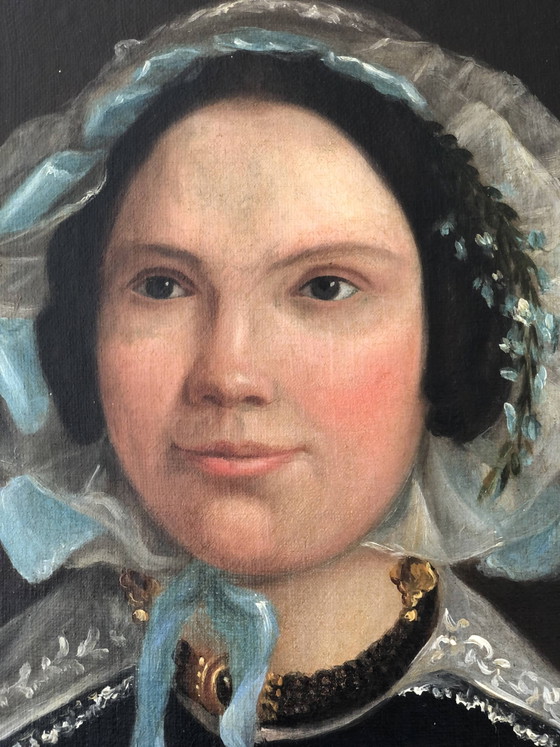 Image 1 of Portrait à l'huile ancien d'une dame hollandaise, XIXe siècle