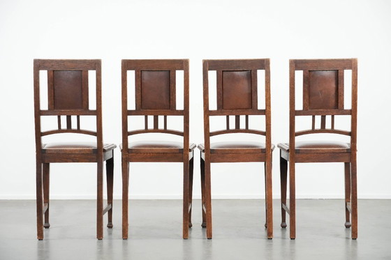 Image 1 of 4 x Antique Oak Dining Chairs in Art Nouveau Style with Cognac-Colored Cowhide Leather