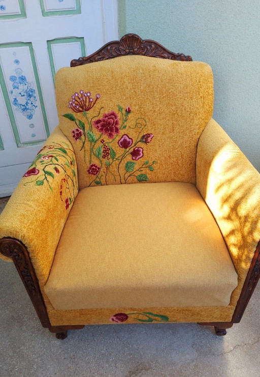 Fauteuil vintage de style Louis XV/rococo – Restauré, brodé à la main