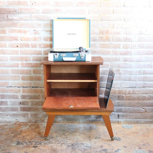 Vintage record player cabinet, teak, brass wheels