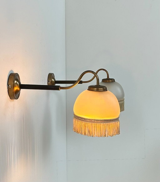 Pair of vintage wall lights, brass and frosted glass, France, 1970