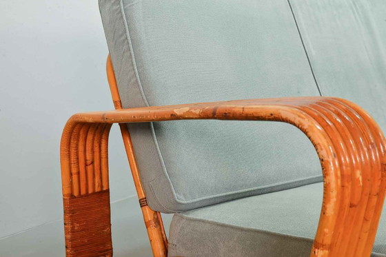 Image 1 of Fabulous Mid-Century Design Six Strand Rectangular Rattan 3-Seat Sofa with Frost Blue Fabric Cushions Attributed to Paul Frankl