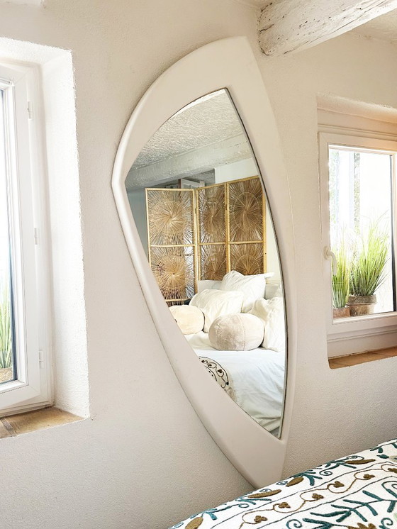 Image 1 of Very large unstructured Space Age wall mirror in wood. France, 1970s