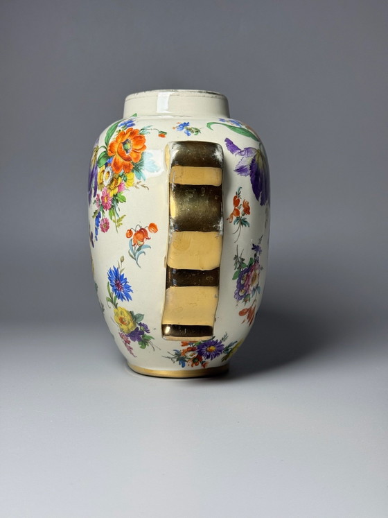 Boch Frères Keramis, Art Deco Vase, “Fleurs des Saxe” Decoration -Belgium, Ceramic, Gold (photo 12 of 15)