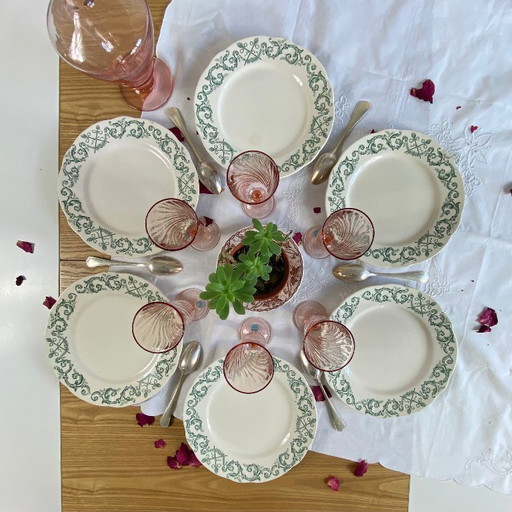 6 assiettes dessert terre de fer Longchamp modèle Trévise vert faïence ancienne 