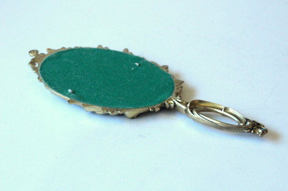 Elegante specchio a mano in ottone, specchio da trucco, vintage, Vetro, Dorato, 1970 (foto 6 di 7)