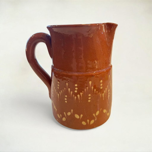 Vintage ceramic jug | 70s | Red-brown with beige decorations | Small flower vase