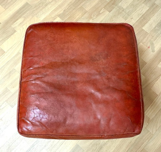 Image 1 of Brocantique Jacques Adnet Art Deco Set: Leren bank, fauteuil en poef