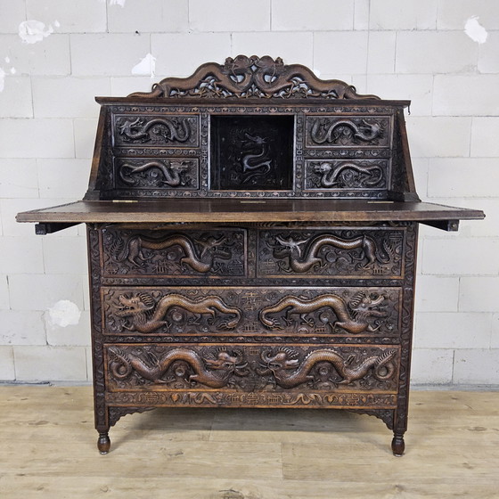 Image 1 of Antique 19th Century Chinese Writing Desk Mythological Dragon Wood Carving / Bohemian / Asian / Oriental (Huanghuali Wood)
