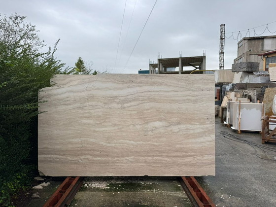 Image 1 of Travertine rectangular solid wood dining table – natural stone table